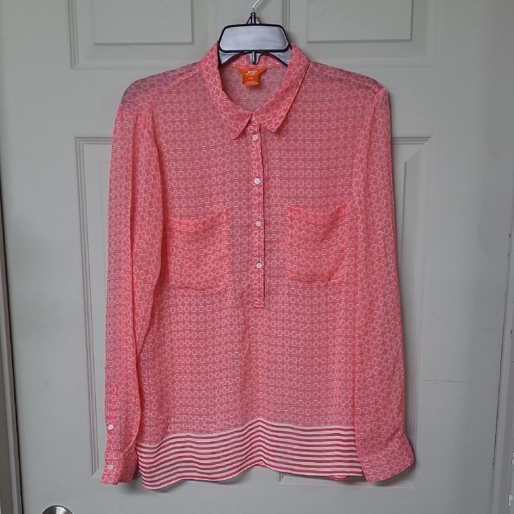 Vintage Joe Fresh Geo/Stripe Print Semi-Sheer Blouse White/Coral XL